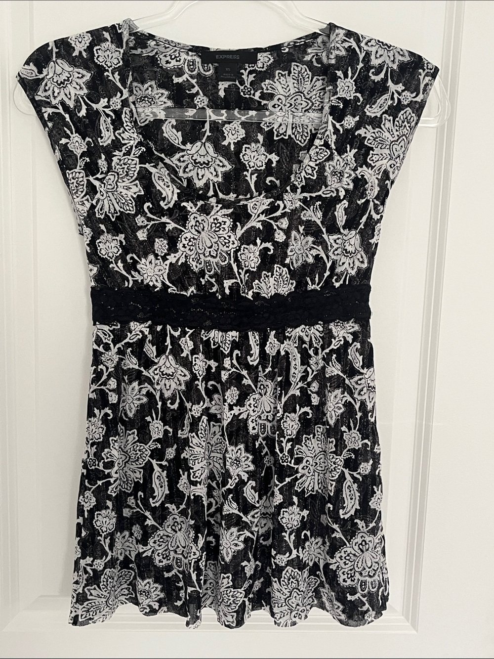 Express Black and White Floral Lace-Overlay Dress